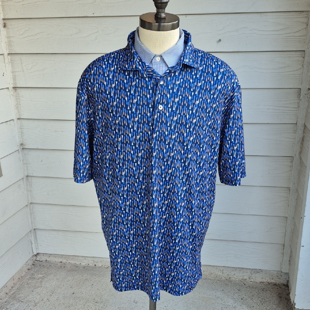 TURTLESON Abstract Blue Navy‎ Brown Greyrock Golf Sz XL Polo Short Sleeve Shirt